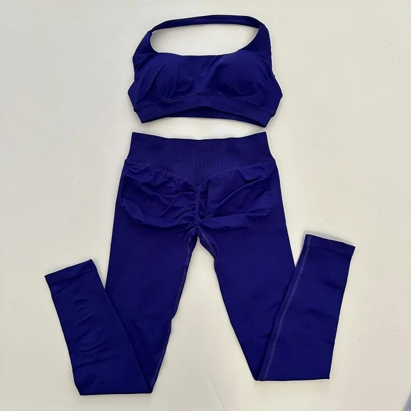 Ladies seamless yoga suit; two-piece fitness leggings; hip-lifting yoga pants set; gym sport suit; backless sports bra with