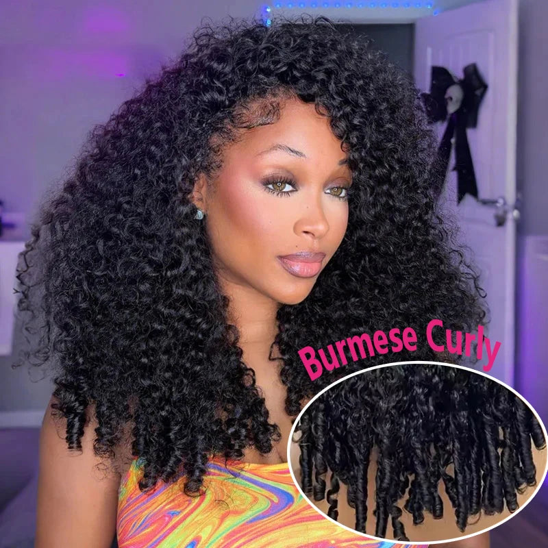 250% Glueless Wigs Human Hair Burmese Curly Headband Wig Upgrade 3 IN 1 Half Wig With Drawstring Seamless Clip Ins Flip Over