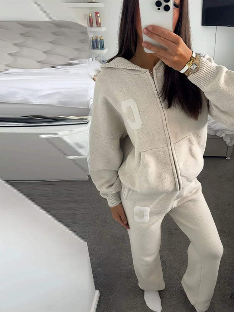 Knitted Women's Pant Sets Hooded Long Sleeve Dropped Shoulder Zipper Female Jacket Solid Elastic Waist Straight Pants For Ladies