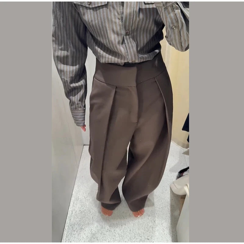 Vintage Stripe Shirt Pant Sets Women's Lapel Single-breasted Tops Front Pleated Trousers 2025 New Ladies Autumn Solid Streetwear