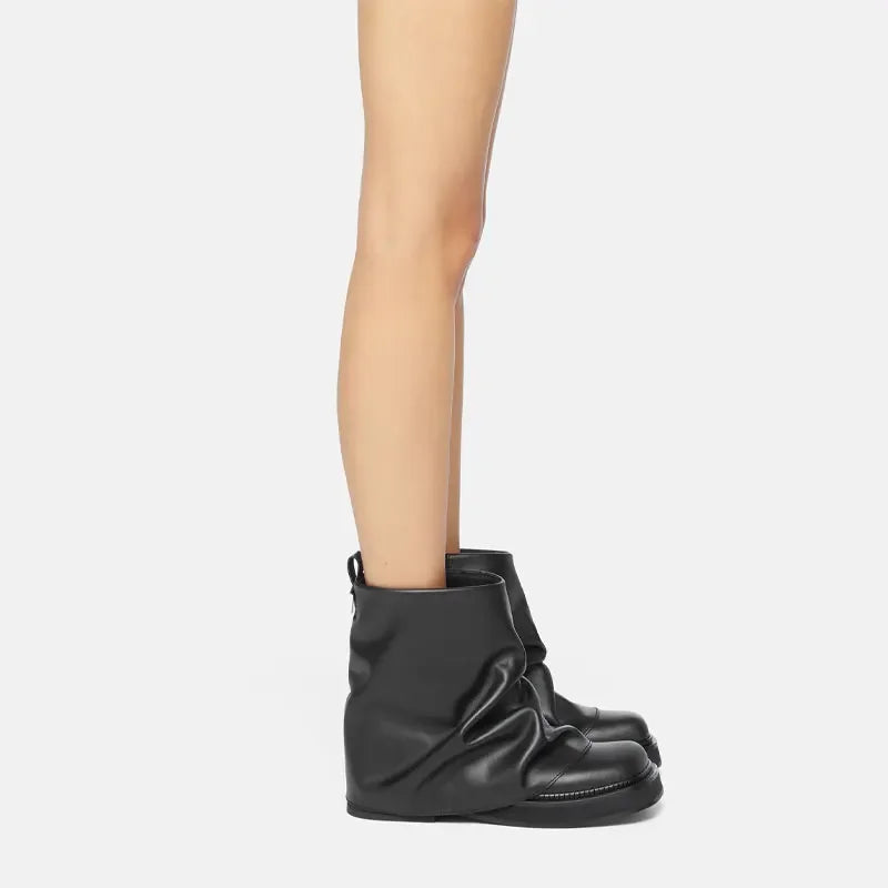 Women's New Autumn and Winter Calf Boots with Pleated Thick High Heels and Fashionable Oversized Street Leather Mid Leg Boots