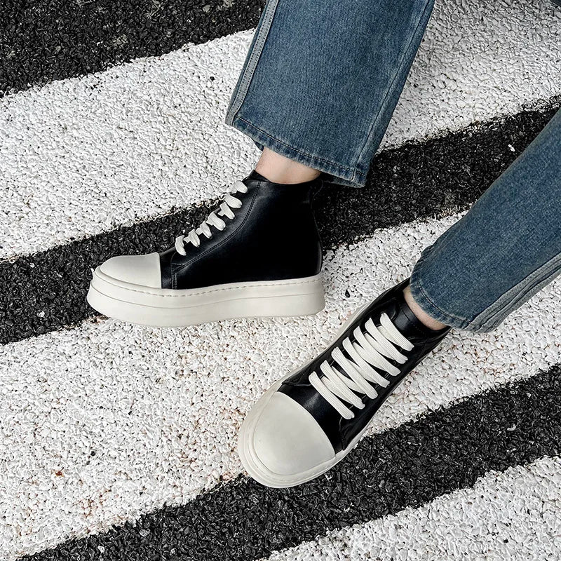 Street Style Ankle Boots for Men Genuine Leather High Top Shoes Fashion Brand Motorcycle Boots Thick Bottom  Male Walking Shoes