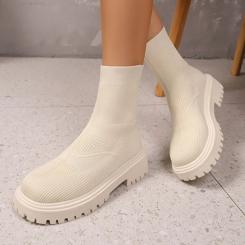 Bright Green Knitted Ankle Boots for Women 2025 Autumn Winter Non Slip Platform Booties Woman Casual Short Botas Shoes Mujer 42