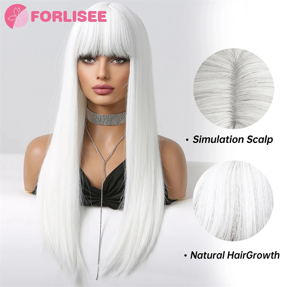 FORLISEE Synthetic White Wig Women's Long Hair Full Head Cover Lolita Japanese Cos Air Bang Long Straight Hair Wig Cover