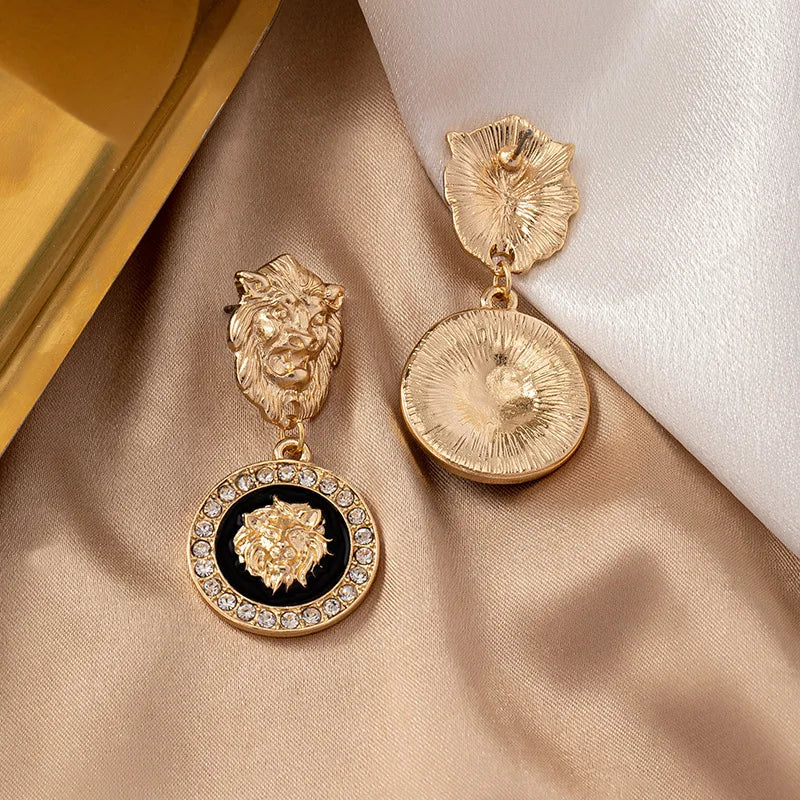 European and American Personality Lion Head Earrings Metal Geometric Exaggerated Punk Retro Female Gothic Ear Jewelry