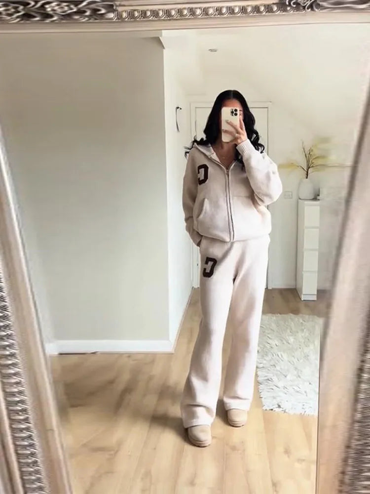 Knitted Women's Pant Sets Hooded Long Sleeve Dropped Shoulder Zipper Female Jacket Solid Elastic Waist Straight Pants For Ladies