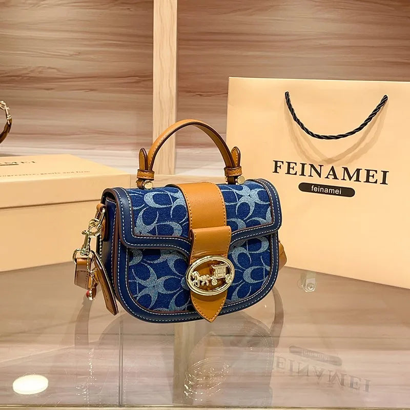 Ladies' handbag, light luxury retro denim canvas bag, fashionable 2025 new style saddle bag, high-end single shoulder crossbody