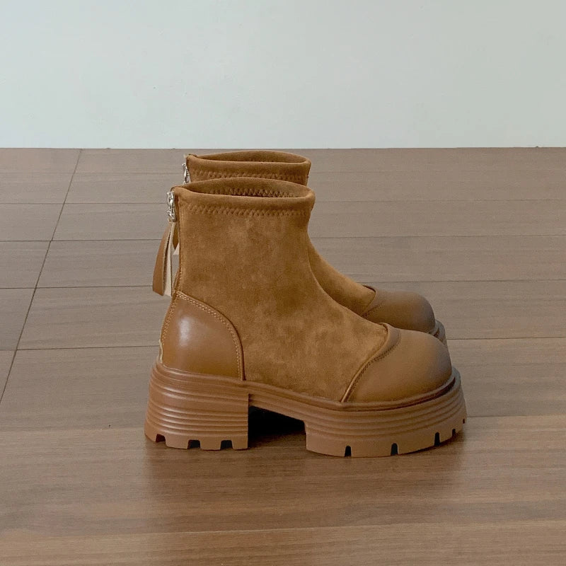 Vintage Platform Thick Sole Woman Ankle Boots Design Back Zippers Shoes Autumn Winter Slim Height Increase Short Botas