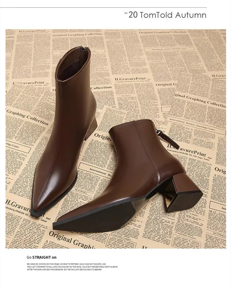 Women Artificial Leather Ankle Boots 2025 Autumn Fashion Square Heel Short Boot Ladies Casual Zipper Low Heel Shoes Botas Mujer