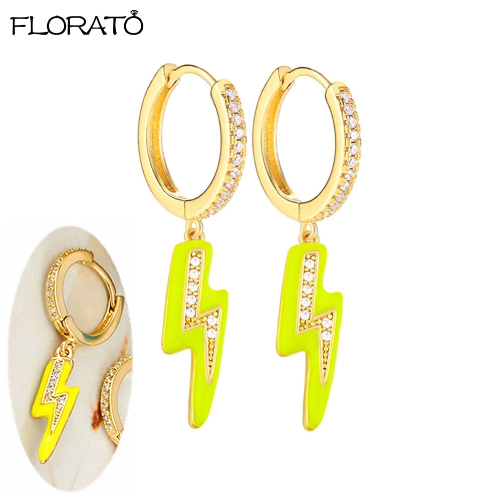 925 Sterling Silver Needle Lightning Pendant Earrings Charming Pave Crystal Gold Hoop Earrings for Women Fashion Jewelry Gifts