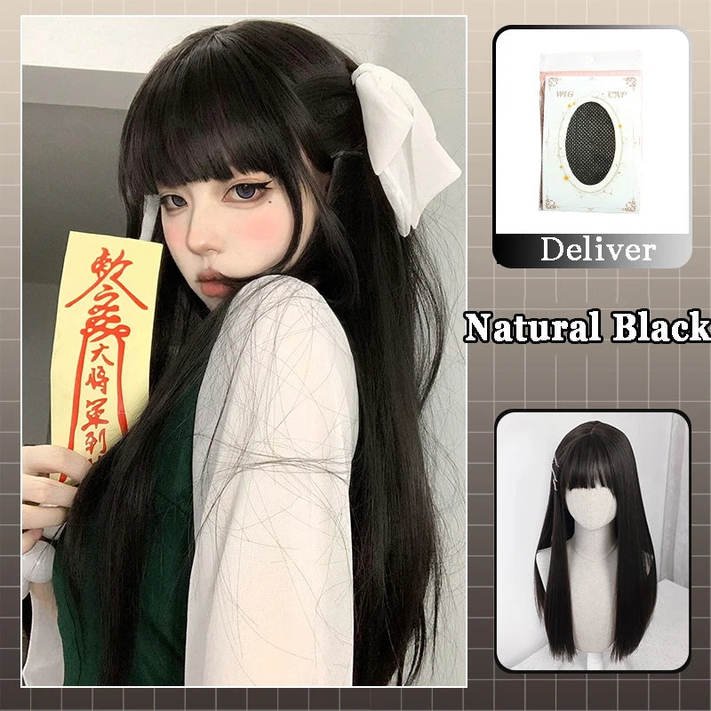 FORLISEE Synthetic White Wig Women's Long Hair Full Head Cover Lolita Japanese Cos Air Bang Long Straight Hair Wig Cover