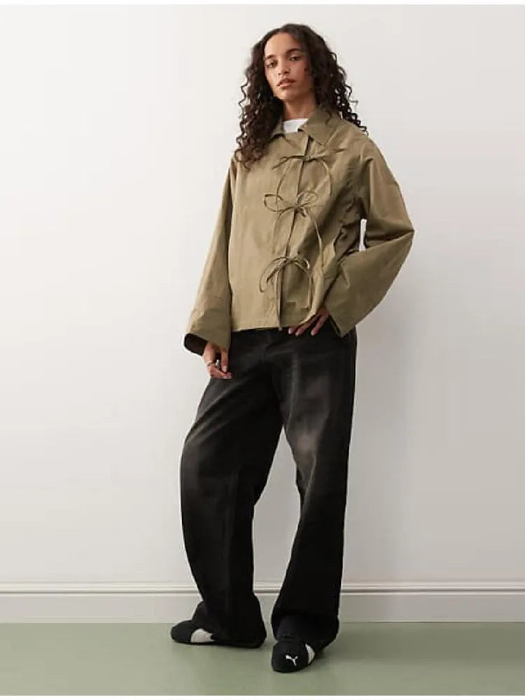 Stylish Cool Jackets Bow Tie Loose Lapel Pocket Coat Casual Vintage Women's Chic Versatile Outerwears Autumn Female Clothing