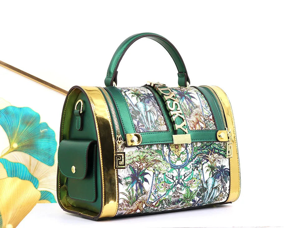 Women Boston Bag Printed Pattern Handbag Large Capacity Shoulder Crossbody Bag Double Zipper Half Cover Style Top Top Handle Bag