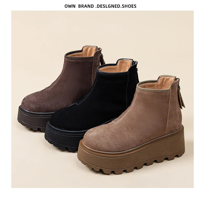 Fujin 7cm Suede Cow Genuine Leather Snow Boots Women Ankle Booties Platform Wedge Winter Plush Chelsea Boots Shoes for Women