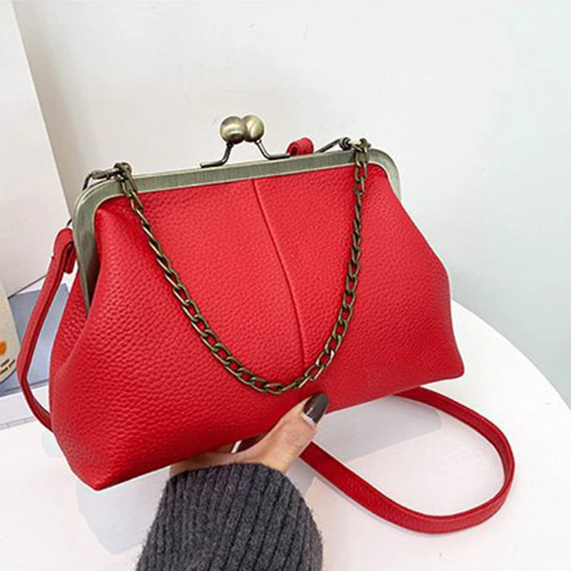 Vintage Soft Skin Shell Bag New Lychee Pattern Handbag Simple And Versatile Shoulder Bag Clip Chain Crossbody Women's Bag