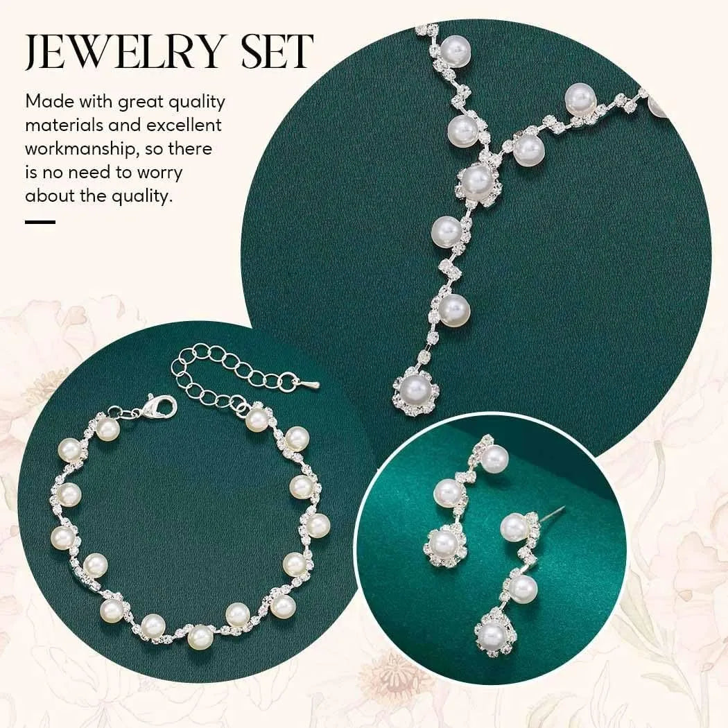 Silver Pearl Bridal Wedding Jewelry Set Rhinestone Necklace Earrings Bracelet Sets Formal Costume Jewelry for Women and Brides