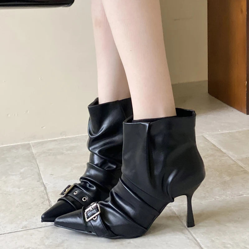 Aneikeh Spring Autumn Short Booties Sexy Thin High Heels Pointed Toe Women Ankle Boots Designer Belt Buckle Pleated Shoes