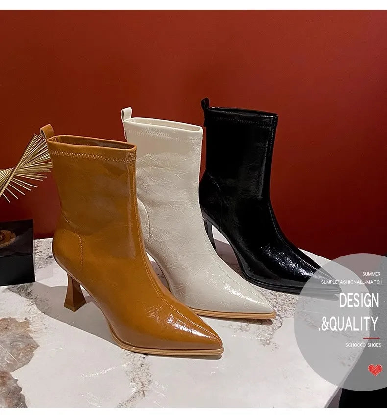 Pointed Toe High Heels Elegant Women Boots Chunky Leather Shoes 2025 Winter Fashion Pumps Chelsea Boots Dress Sexy Mujer Botas