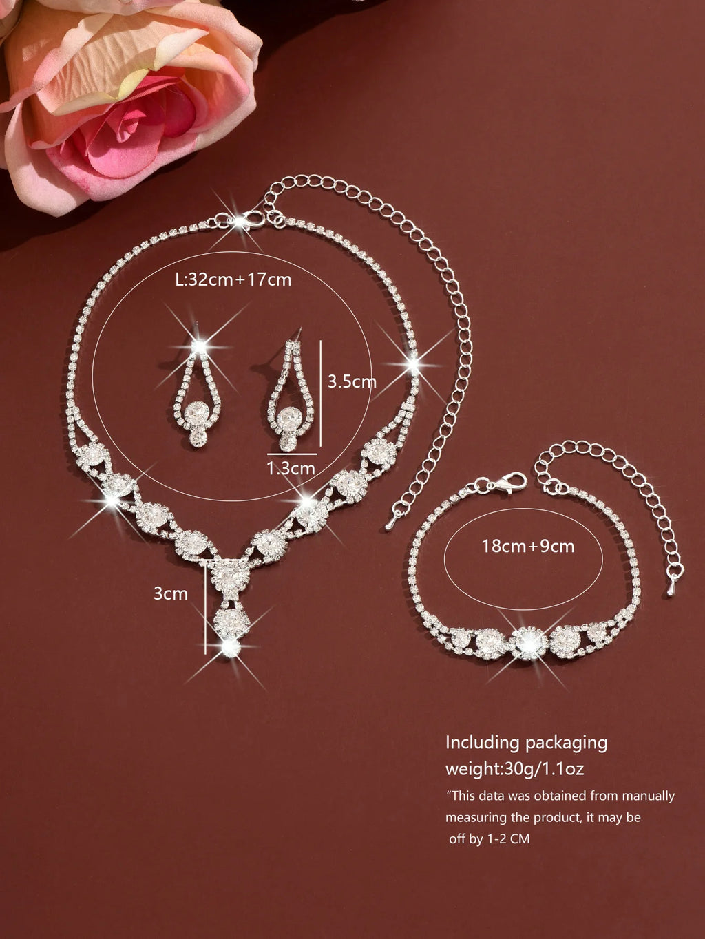 4PCS Fashion Elegant Crystal Jewelry Sets for Women Rhinestones Necklace Ring Earrings Bridal Wedding Party Jewelry Sets