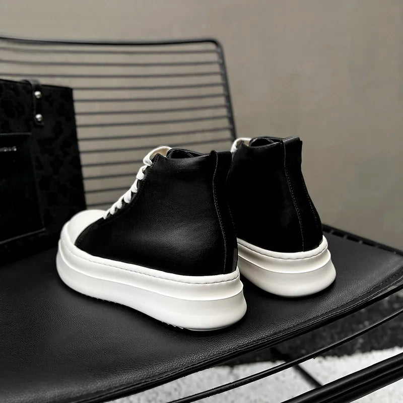 Street Style Ankle Boots for Men Genuine Leather High Top Shoes Fashion Brand Motorcycle Boots Thick Bottom  Male Walking Shoes