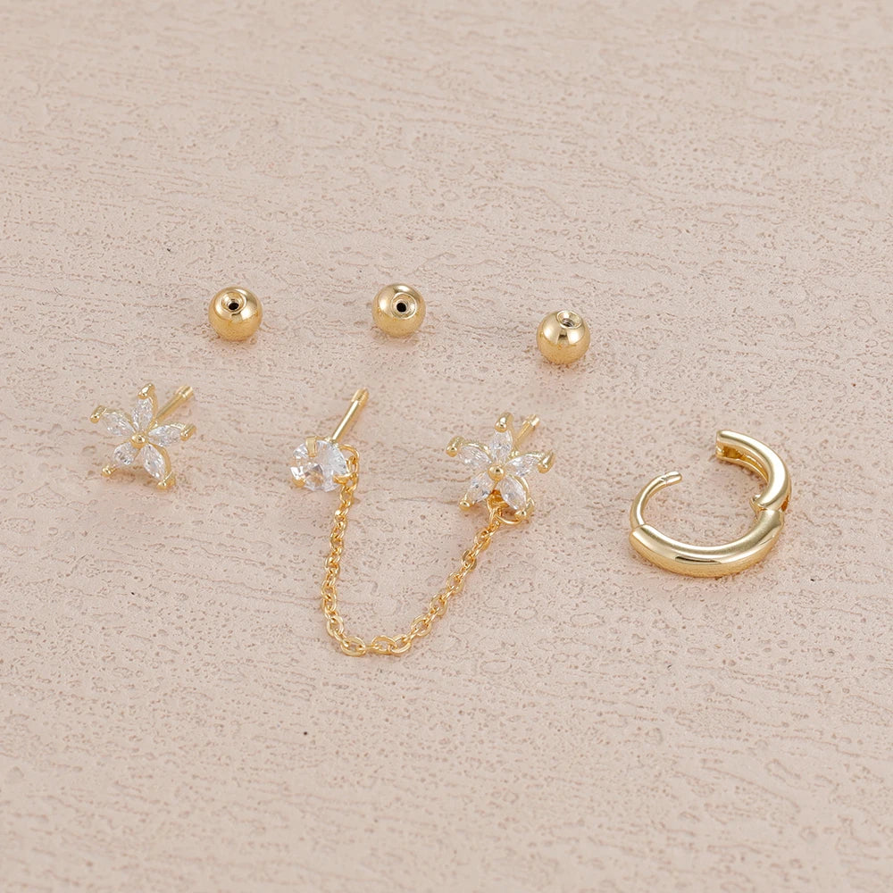 3PCS Stainless Steel Zircon Flower Star Ear Stud Earrings Set 14K Gold Plated Chain Cartilage Piercing Earring Women's Jewelry