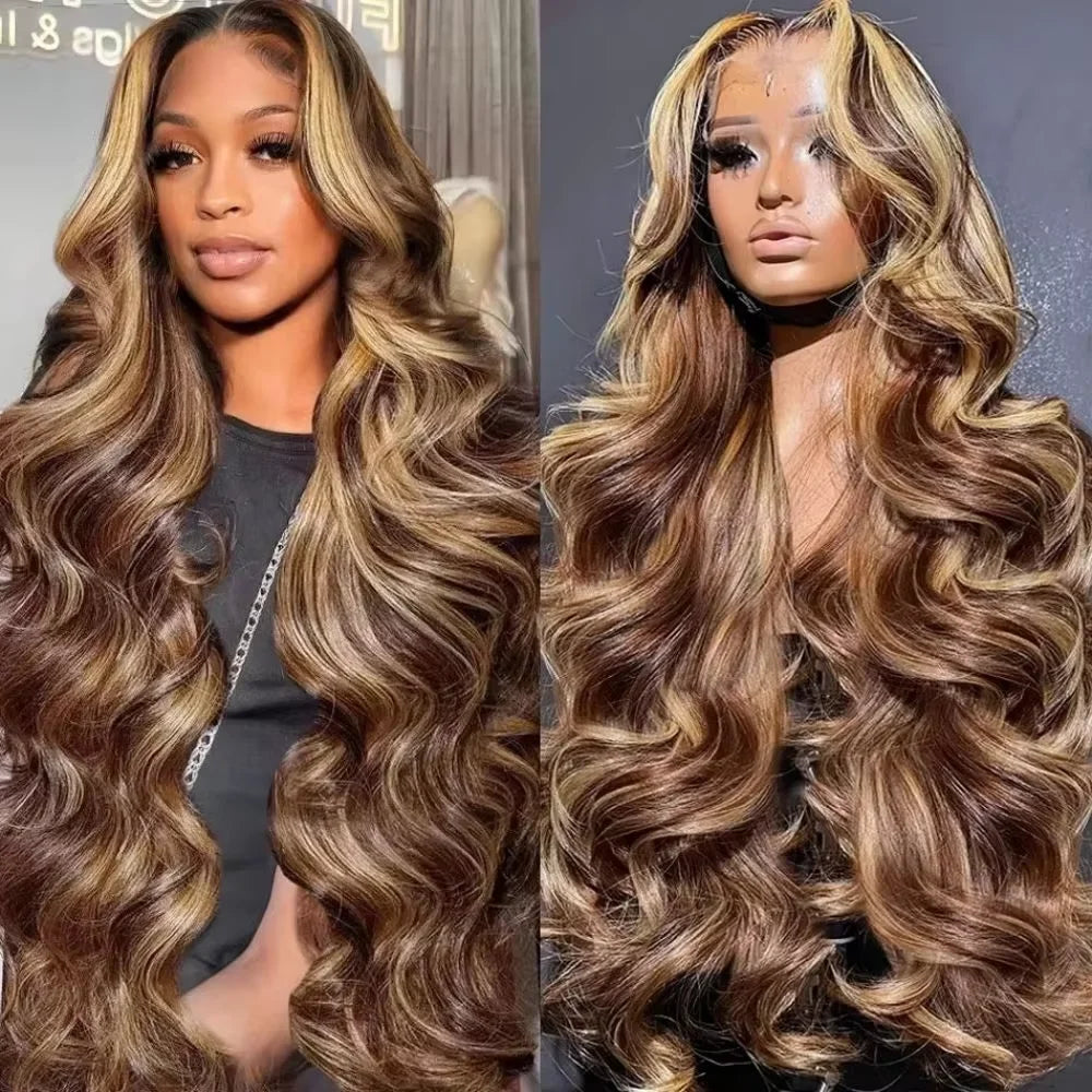 P4/27 Highlight Ombre Brown Body Wave 13x6 Human Hair Wig Honey Blonde Colored 13x4 HD Lace PrePlucked 40 46 Inch Wigs For Women