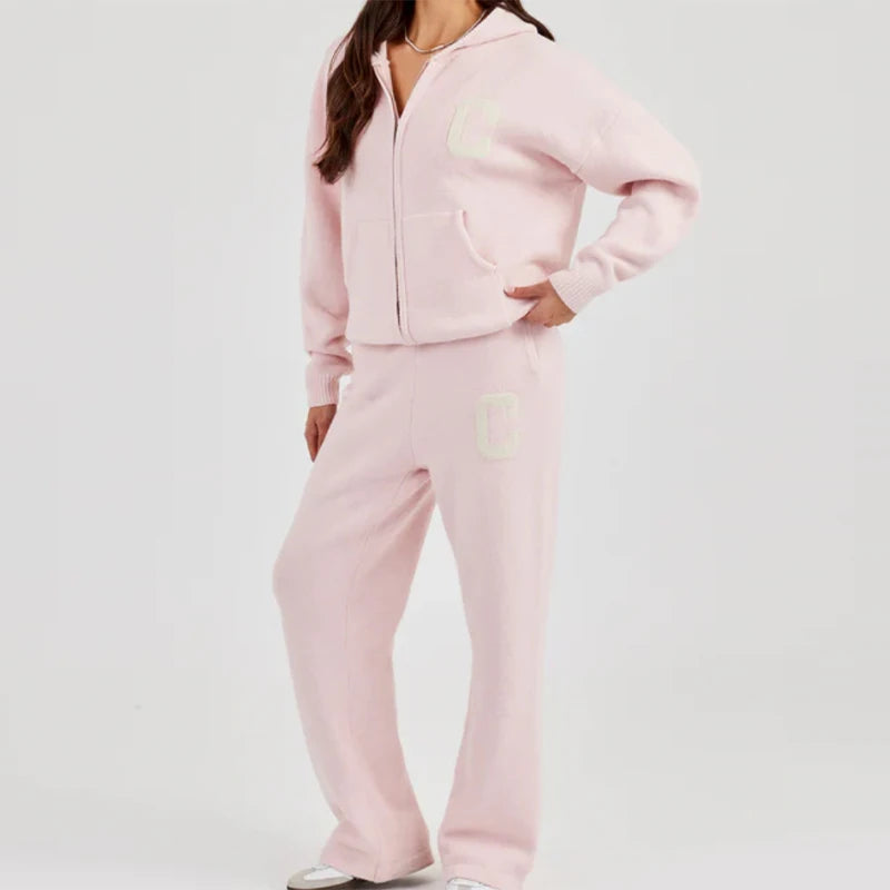 Knitted Women's Pant Sets Hooded Long Sleeve Dropped Shoulder Zipper Female Jacket Solid Elastic Waist Straight Pants For Ladies