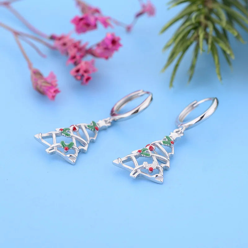 New 925 Sterling Silver Ear Needle Christmas tree/snowflake pendant Hoop Earrings For Women fashion Christmas gifts accessories