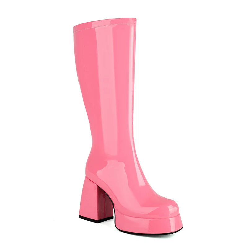Plus Size Glossy Patent Leather Upper Square Toe Super Thick Heel Plush Lining Women's Knee Boots Platform Side Zipper Boots