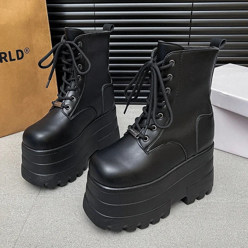 Women 13 CM Platform Boots Casual Outdoor Shoes Chunky Simple Lace Up Design Ankle Boots Cool Nightclub Party Black Shoes 35-43