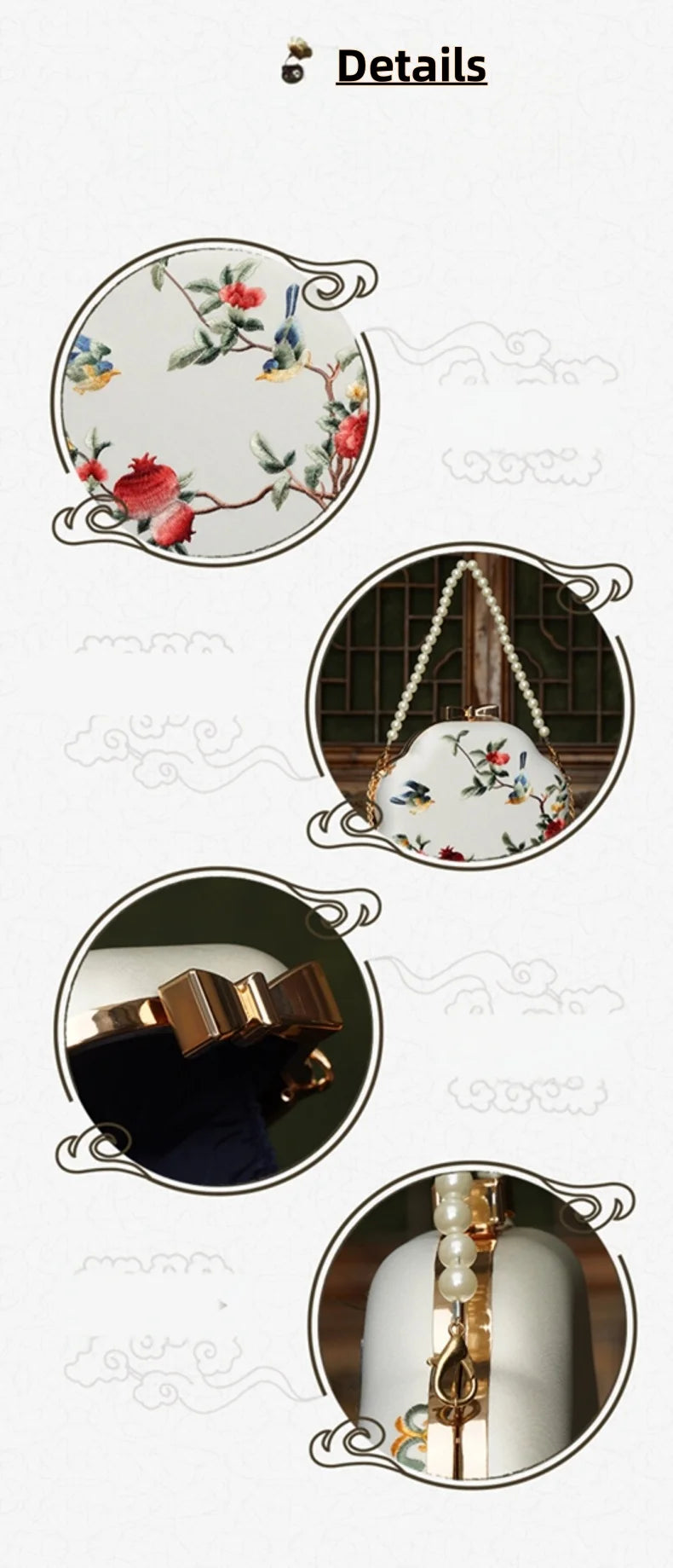 Cape-Bay Retro Versatile Women's Small Round Bag Mini Bag Chain Bag Bead Bag New Middle-Aged Mother Bag Ethnic Style Flower and Bird Embroider Shoulder Bag Crossbody Bag Wedding Banquet Wedding Bag with Cheongsam Bag Hard She