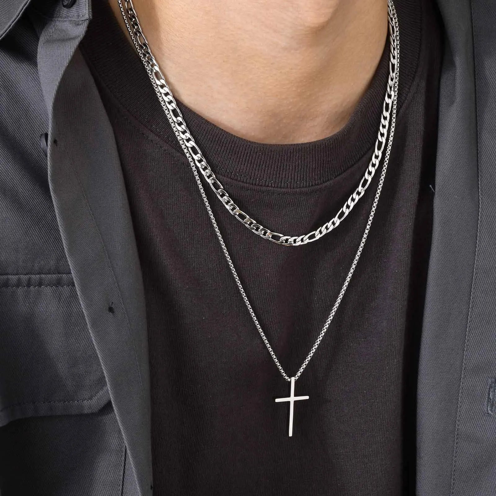 Trendy Cross Necklace for Men Boys,Simple Stainless Steel Cross Pendant Necklaces,Male Jewelry Sets