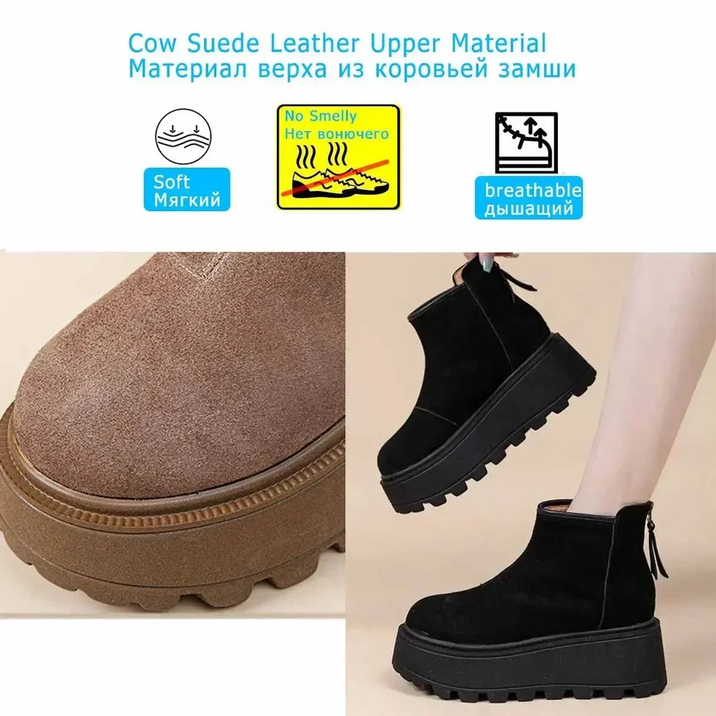 Fujin 7cm Suede Cow Genuine Leather Snow Boots Women Ankle Booties Platform Wedge Winter Plush Chelsea Boots Shoes for Women