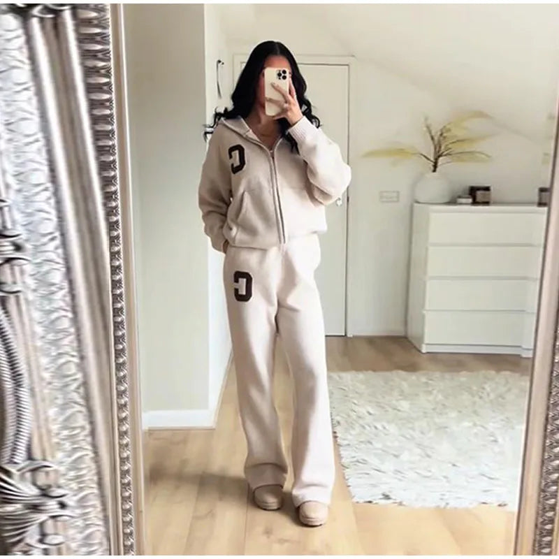 Knitted Women's Pant Sets Hooded Long Sleeve Dropped Shoulder Zipper Female Jacket Solid Elastic Waist Straight Pants For Ladies