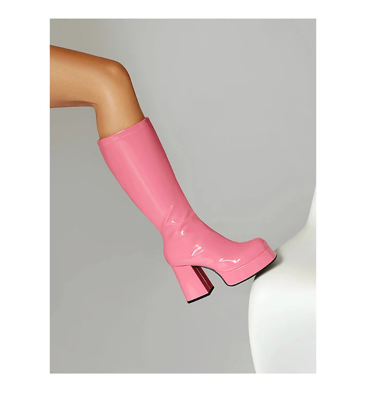 Plus Size Glossy Patent Leather Upper Square Toe Super Thick Heel Plush Lining Women's Knee Boots Platform Side Zipper Boots