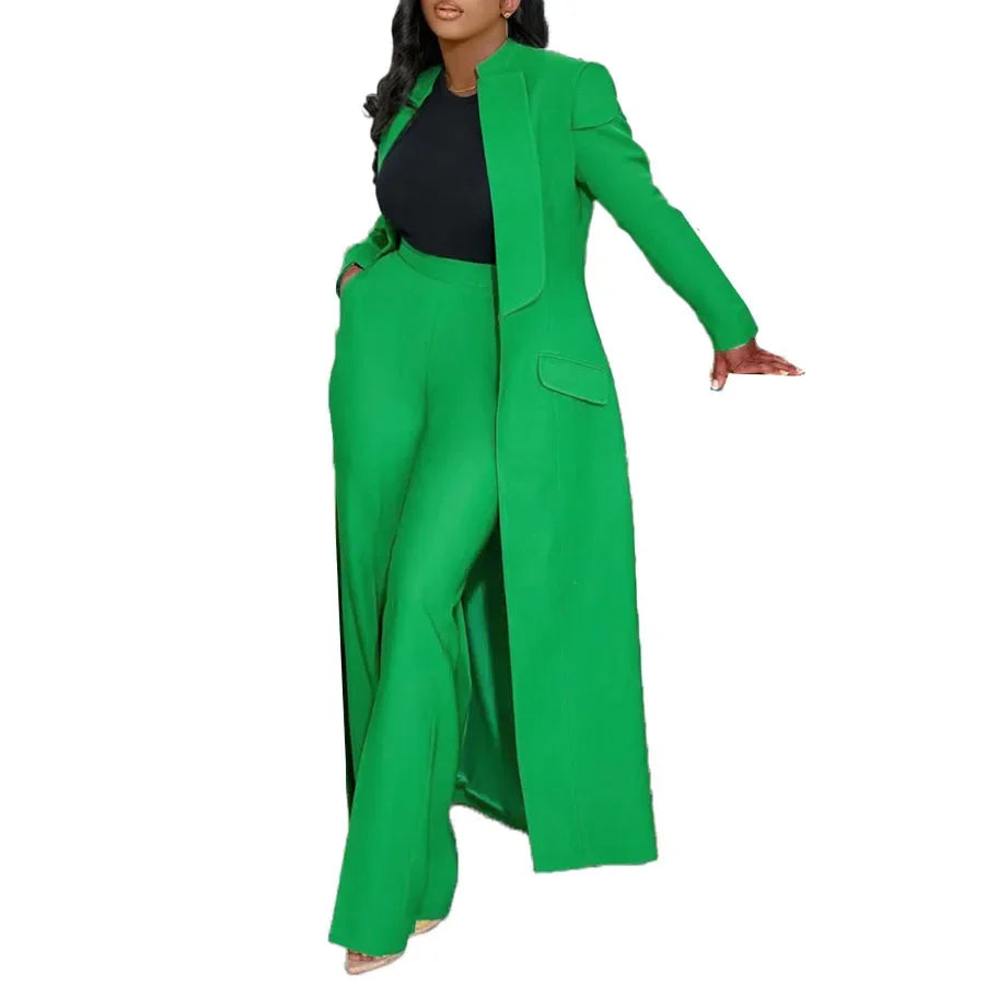 Women's Set Full Sleeve X-Long Blazer Coat+ Long Pant Suit 2025 Spring Streetwear Two 2 Piece Set Africa OL Work Outfits