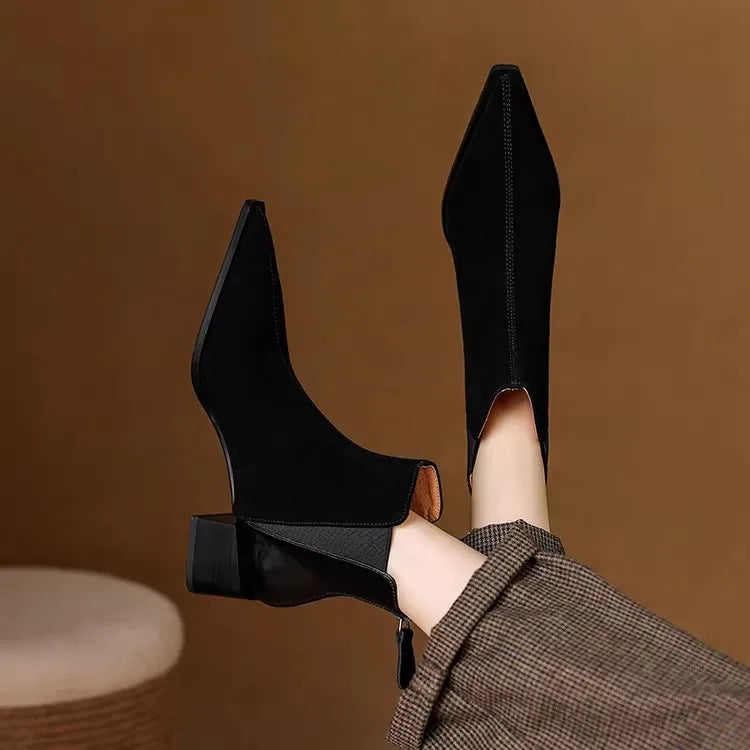 Autumn Winter Women Thick Heel Ankle Boots Elegant Back Zippers Shoes Modern Leather Suede Splicing Short Botas Para Mujer