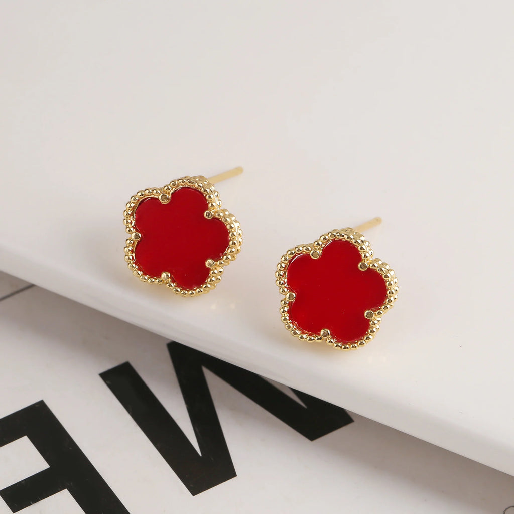 18K Gold Plated High Quality Simple Plant Five Leaf Flower Natural Stone Metal Pendant Necklace Earring Set Women's Clover