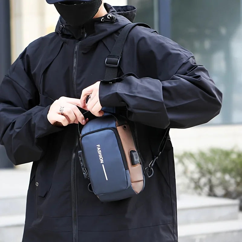 Durable Oxford Fabric Men's Sling Bag - Stylish Motorcycle Crossbody Chest Pack with Phone Pocket, Zip Closure for Daily Commute