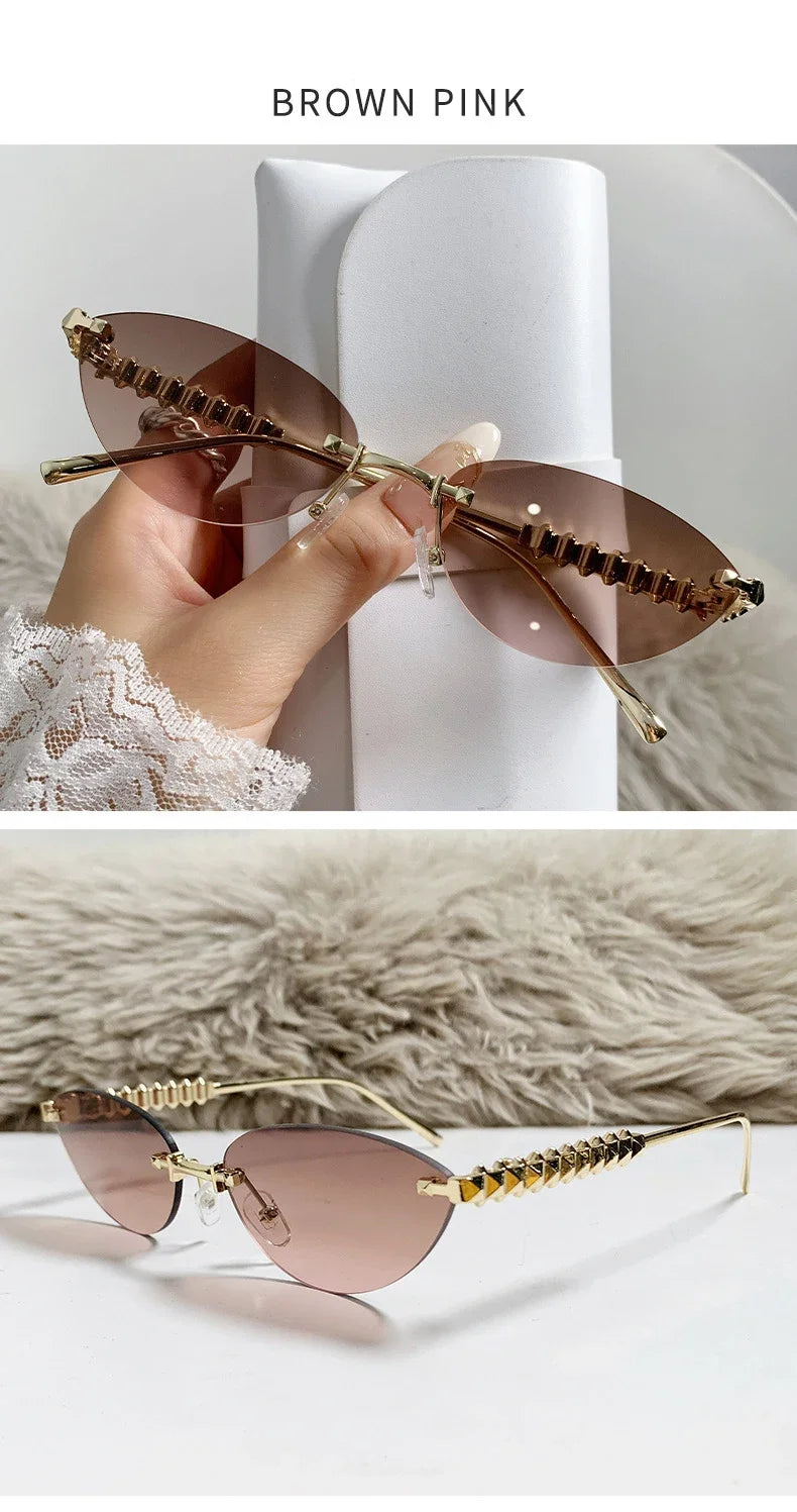 New Cat Eye Rivet Rimless Sunglasses Women Luxury Fashion Brand Oval Narrow Sun Glasses Shades Trendy Elegant Unique Eyewear
