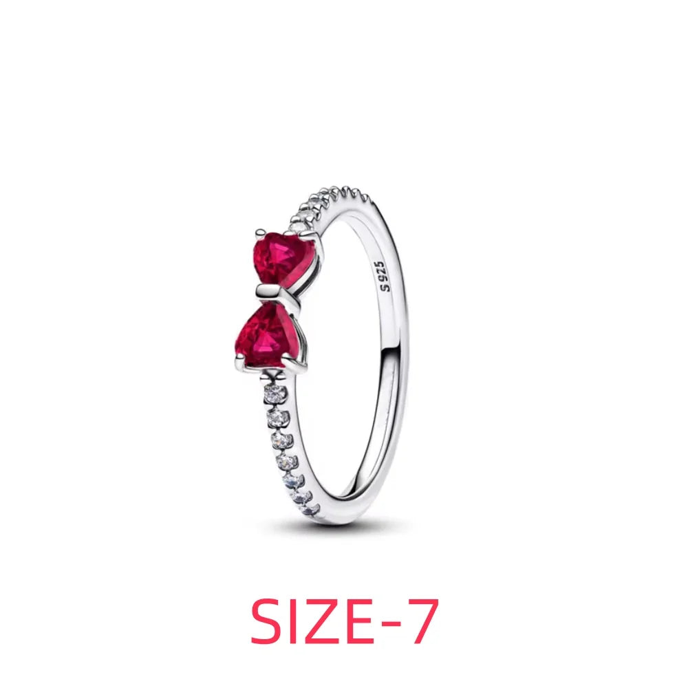 Original 925 Sterling Silver Colorful Bow Set Necklace Ring Earring Crystal For Women Valentine's Birthday Gift DIY Jewellery