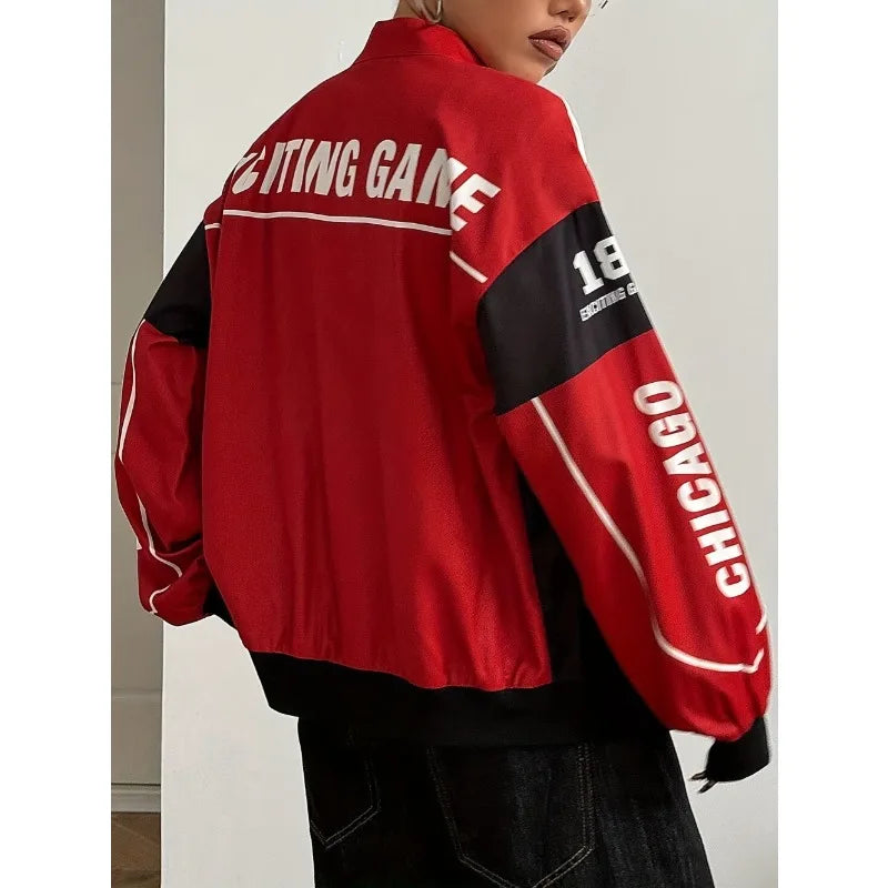 Varsity Jacket Tops Women's Patchwork Long Sleeve Racing Bomber Letterman Jackets Color Block Y2k Outerwear Vintage Streetwear