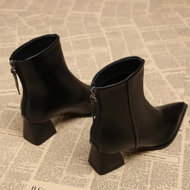 Women Artificial Leather Ankle Boots 2025 Autumn Fashion Square Heel Short Boot Ladies Casual Zipper Low Heel Shoes Botas Mujer