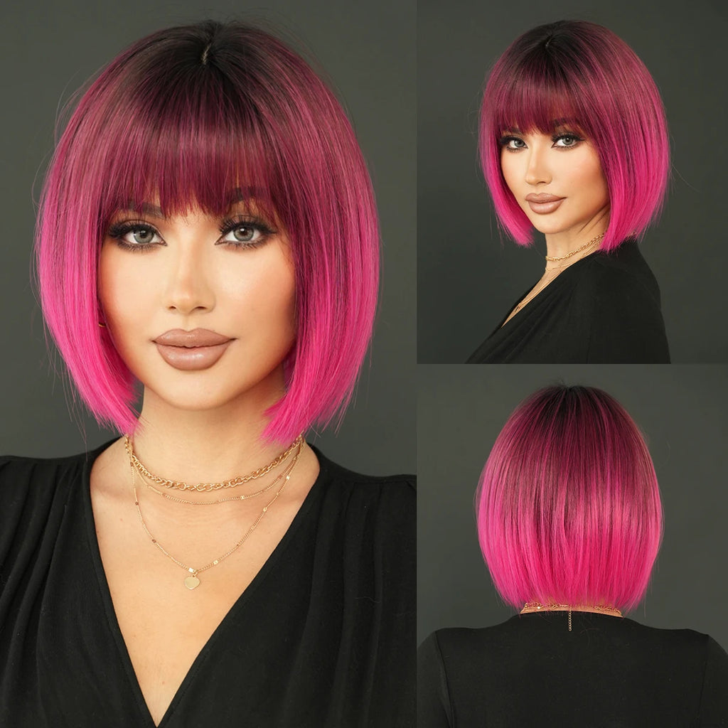 NAMM Rose Pink Short Wig for Women Daily Party Overhead Dyeing Black Natural Synthetic Lavender Heat Resistant Straight Wigs
