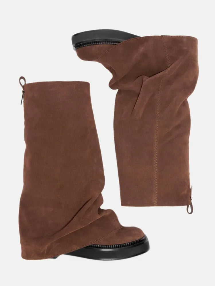 Women's New Autumn and Winter Calf Boots with Pleated Thick High Heels and Fashionable Oversized Street Leather Mid Leg Boots