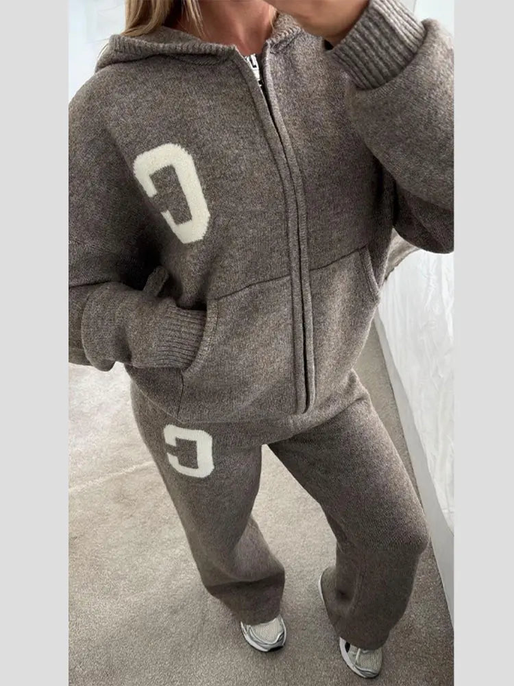 Knitted Women's Pant Sets Hooded Long Sleeve Dropped Shoulder Zipper Female Jacket Solid Elastic Waist Straight Pants For Ladies