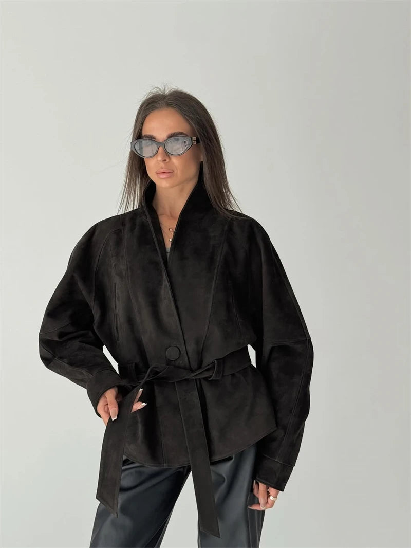 Tornova Retro Suede Long-sleeved Jacket Coat Female V neck Lace Up Jacket 2025 Autumn Winter New Commute Office Lady Outerwear