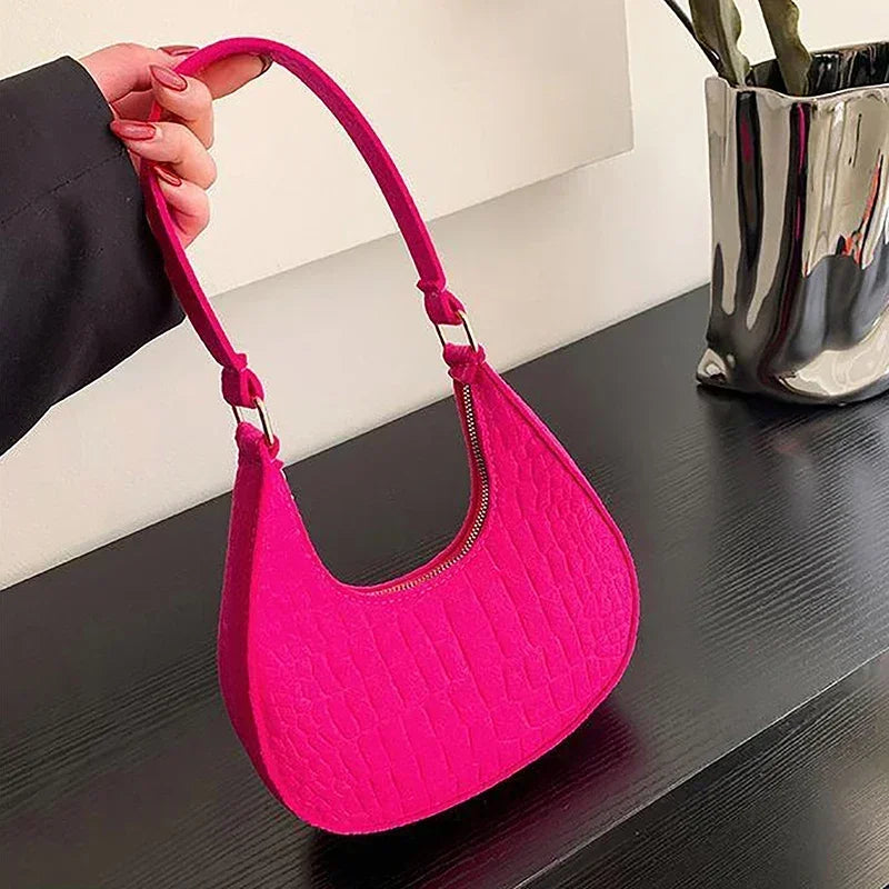 Women Bags Shoulder Retro Leisure Handbag Pure Felt Fashion Underarm Bag Crescent Saddle Bag for Ladies Advanced Armpit Bag 2025