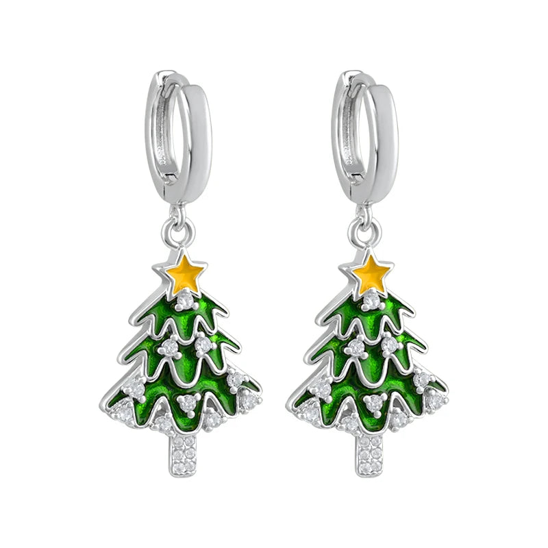 New 925 Sterling Silver Ear Needle Christmas tree/snowflake pendant Hoop Earrings For Women fashion Christmas gifts accessories