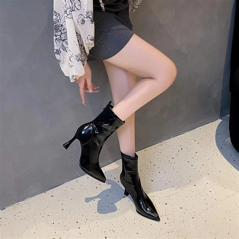 Pointed Toe High Heels Elegant Women Boots Chunky Leather Shoes 2025 Winter Fashion Pumps Chelsea Boots Dress Sexy Mujer Botas